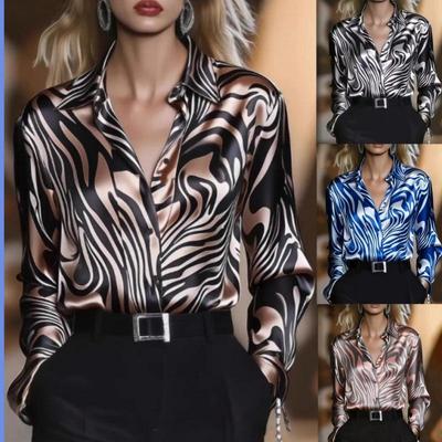 Camisa Feminina de Moda 2026 Cetim Slim Fit Estampa Animal Abstrata Manga Longa