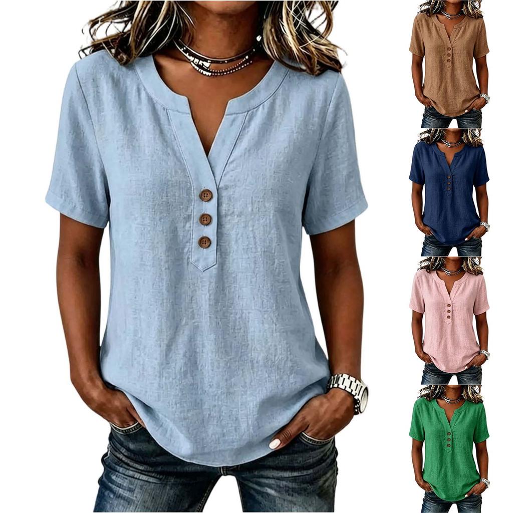 Women's Casual V-Neck Button Blouse Loose Fit Color Cotton Linen Top
