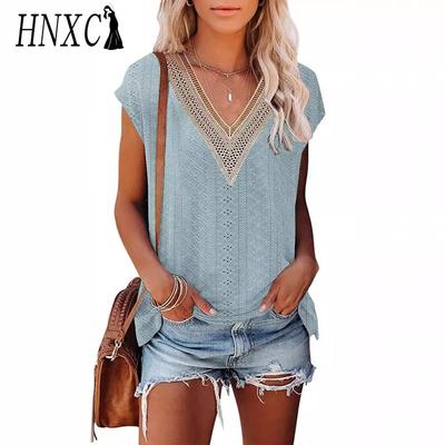 HNXC Women's Fashion Casual Solid Color Print Short Sleeve V Neck Blouses & Shirts