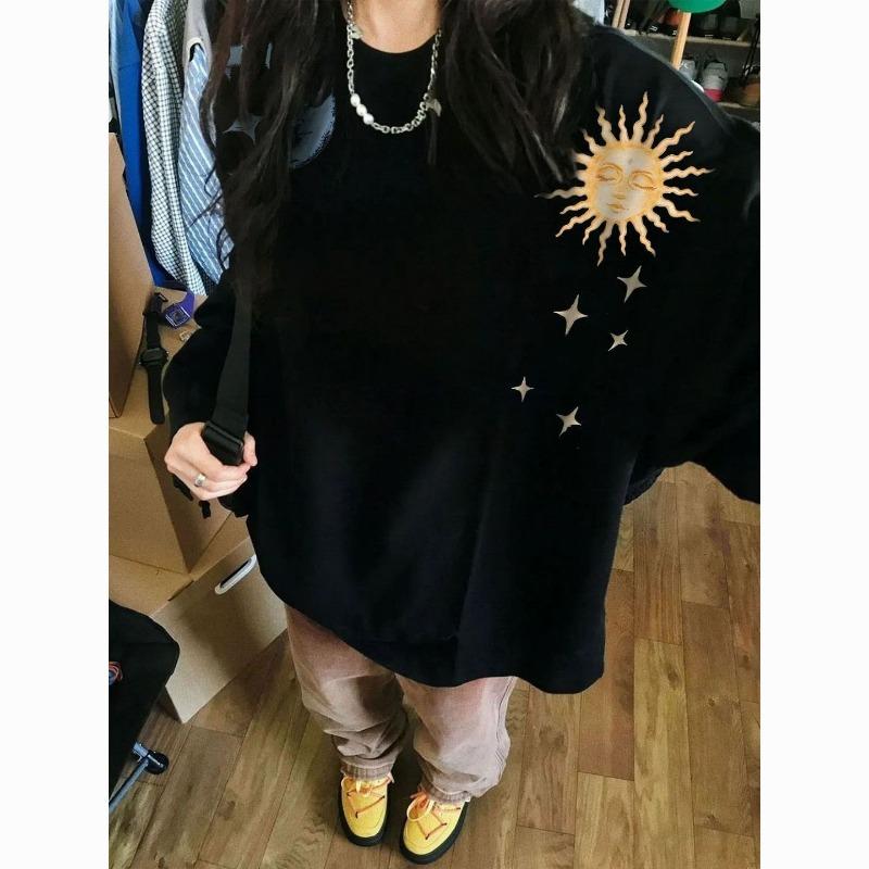Amerikanische Trendmarke Sonne Mond bedrucktes Langarm-T-Shirt Damen Herbst Winter Locker Lässig Baumwoll-Top Paare