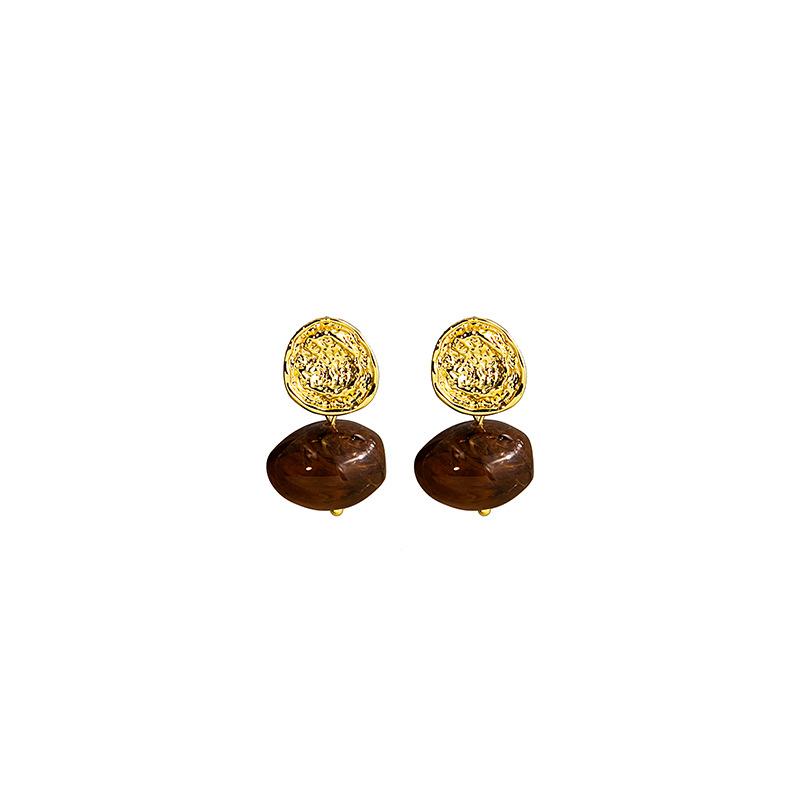 French Retro Metal Texture Pleated Amber Geometric Oval Earrings Tide Light Luxury Earrings Women