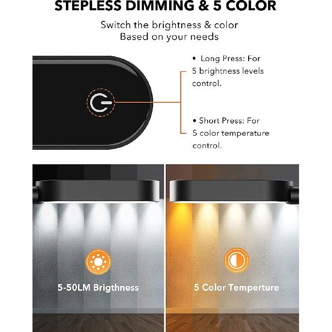Touchable Control Soft Warm Light Temperature 2000K 3000K 4000K 5000K Eye Friendly Adjustable USB Rechargeable LED Reading