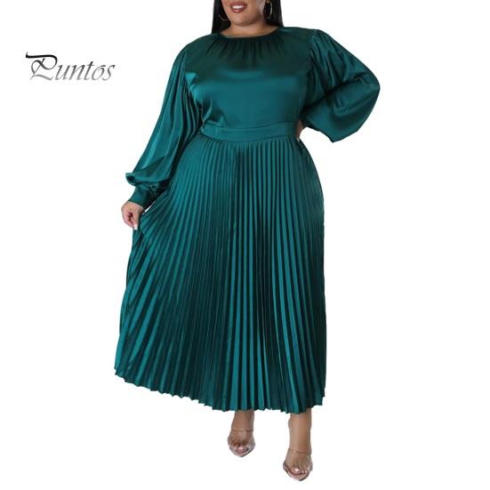 

Женское платье с круглым вырезом и рукавами-фонариками, длинное платье большого размера с высокой талией и плиссированным подолом, гладкое длинное платье XXXL зелёный