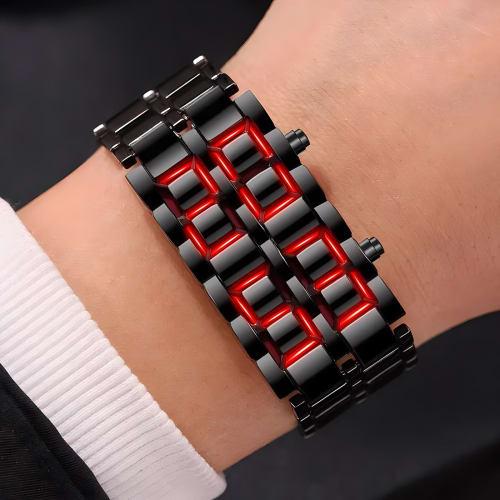 Fashionable Full Metal Digital Mule Watch for Men with LED Display, Perfect for Sports and Creative Gifts, Black and Red.