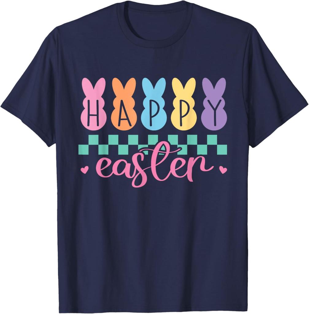 Happy Easter Bunny Graphic Tee Pastel Checkered Print Casual Short Sleeve T-Shirt