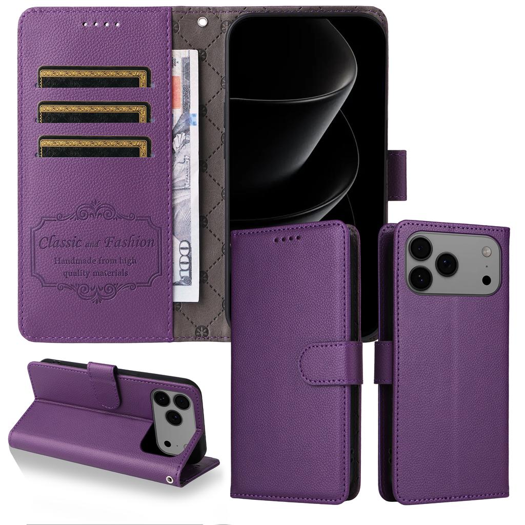 For iPhone 17 Pro Max Case RFID Blocking 3 Card Slots PU Leather Phone Cover with Wrist Strap