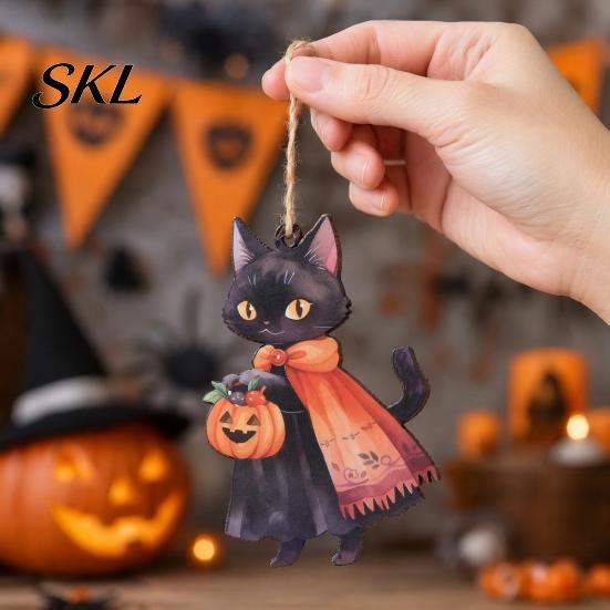 Whimsical Witch Cat Room Decor Halloween Wooden Hanging Ornament, Decorative Pendant, Watercolor Wood Cute Holiday Party Favors for Tree And