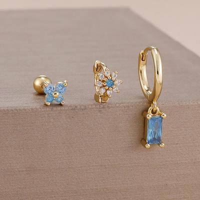 Ensemble de 3 paires de boucles d'oreilles créoles carrées plaquées or 14K avec zircon, boucles d'oreilles clous papillon en acier inoxydable, bijoux de piercing 12 constellations