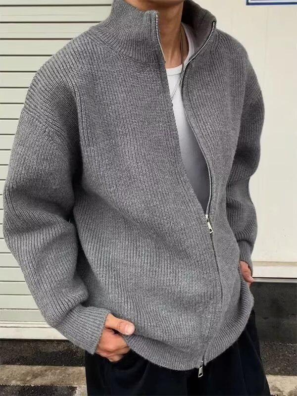 Men's Korean Knit Cardigan Jacket - Autumn/Winter Trend, Solid Stand Collar Sweater, High-End Feel, Lazy Style.