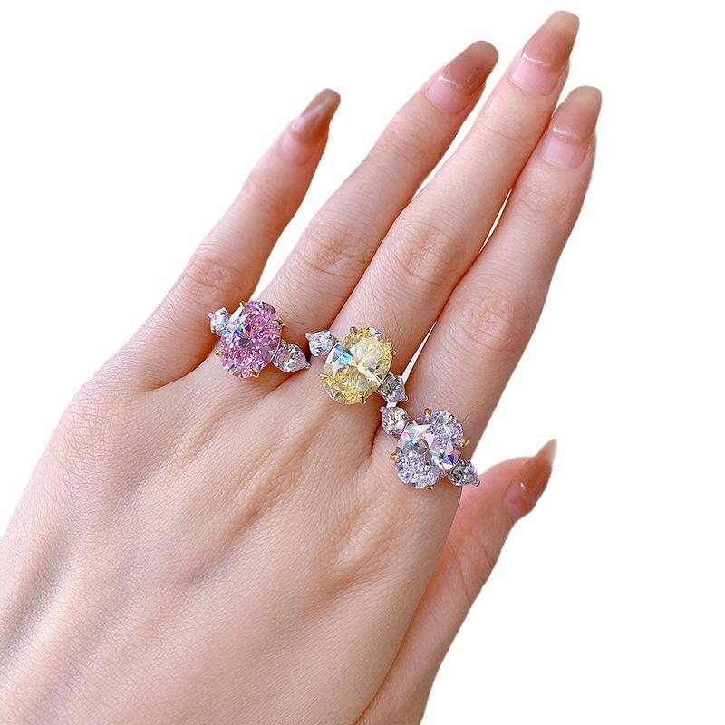 S925 Silver Oval Diamond Ring - Four-Prong Sparkly Fashion Jewelry