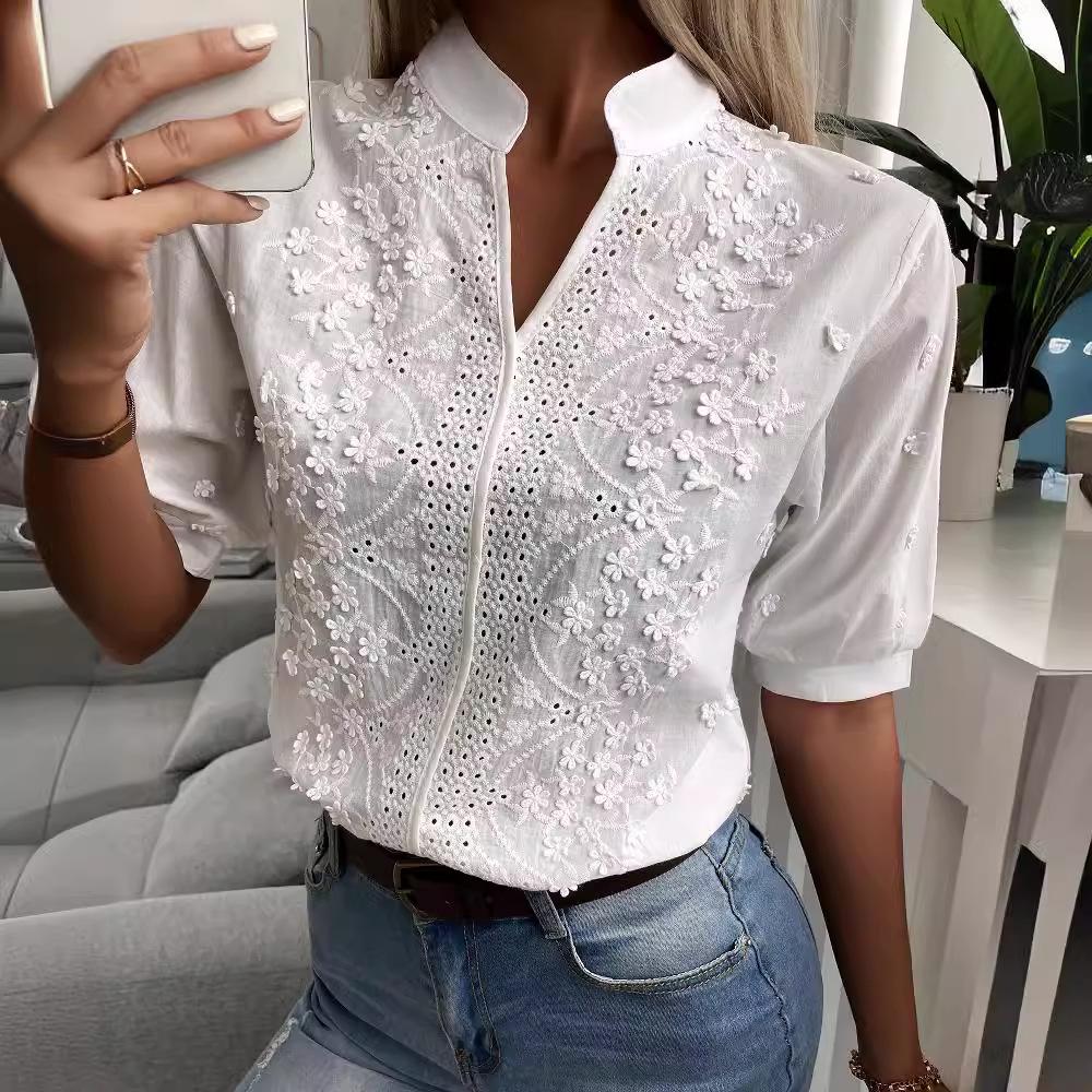 2025 Summer Women's V-neck Stand Collar Embroidered Lace Top