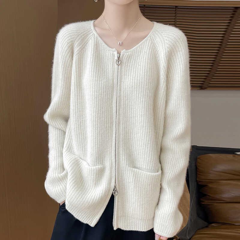 Women's Double Zipper Wool Cardigan - Silk-Cashmere Blend, Long-Sleeved, with Pockets