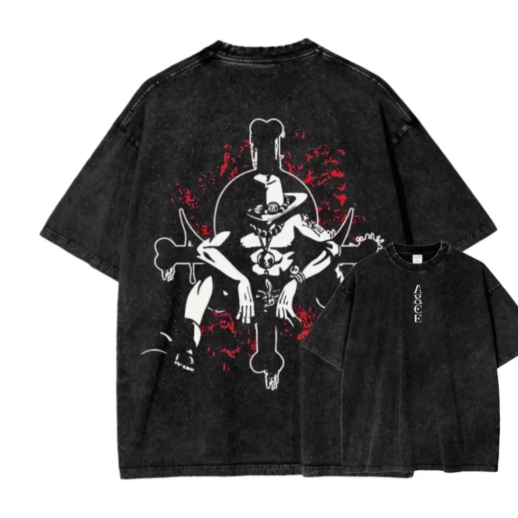 Portgas D. Ace One Piece Gewaschen Übergroß Vintage Unisex Anime Manga Grafik T-Shirt Streetwear Kurze Ärmel Hohe Qualität Damen Herren Kleidung