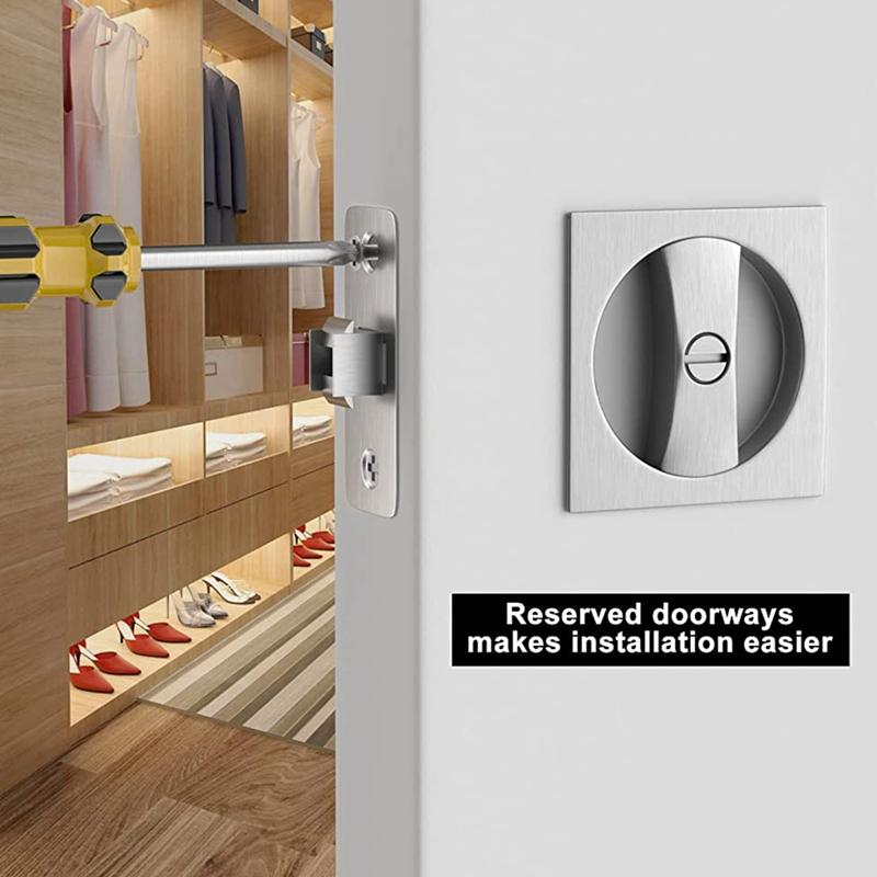 Bed/Bath Pocket Door Lock, Satin Nickel Contemporary Privacy Square Pocket Door Hardware, Sliding Pocket Door Latch