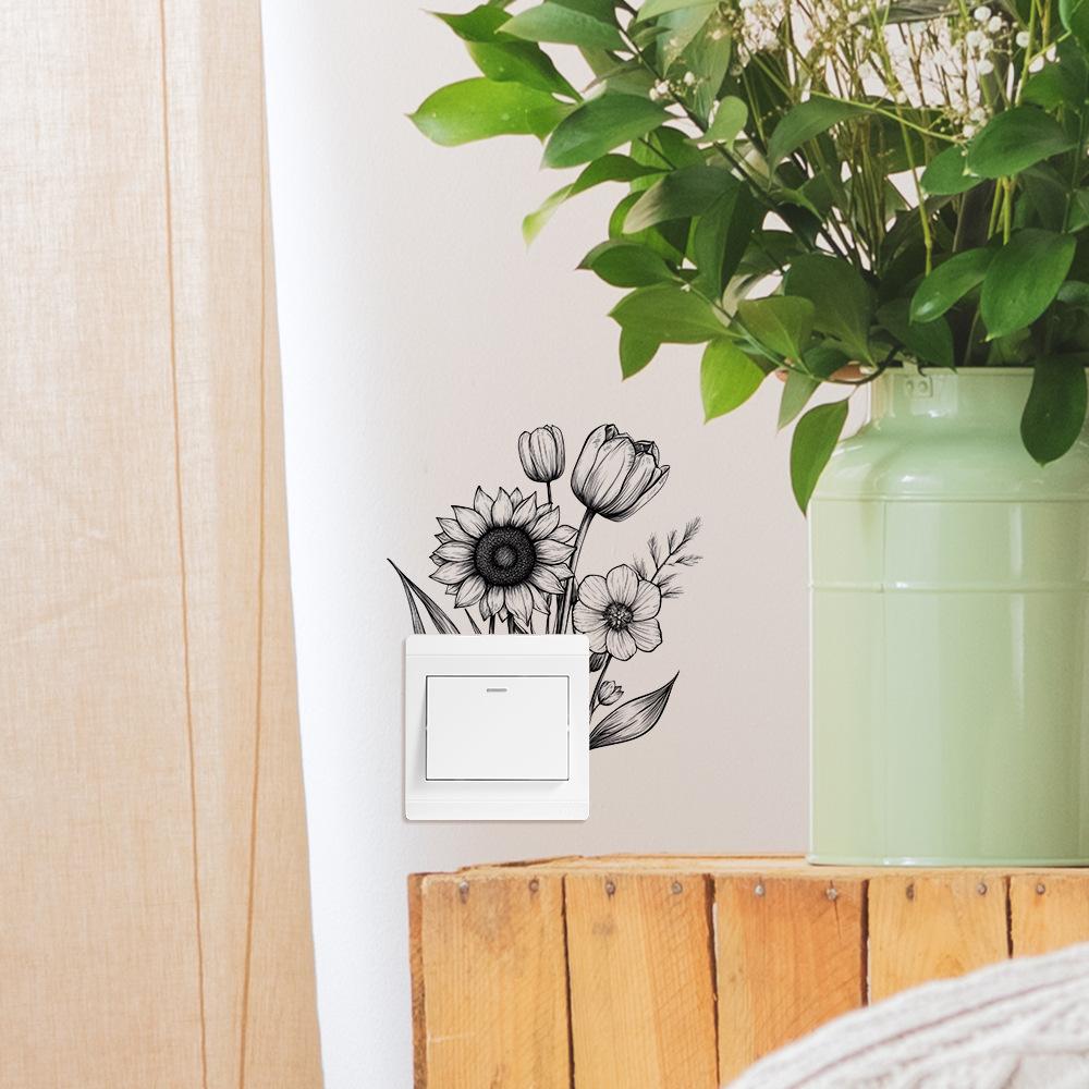 Self Adhesive Black and White Flower Switch Plate Stickers Peel and Stick Removable Waterproof