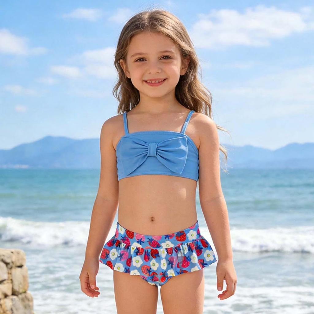 Girls Two Piece Swimsuit Set Tankini Top with Bow Detail Adjustable Straps and Ruffled Skirt Bottom Floral Print Swimwear