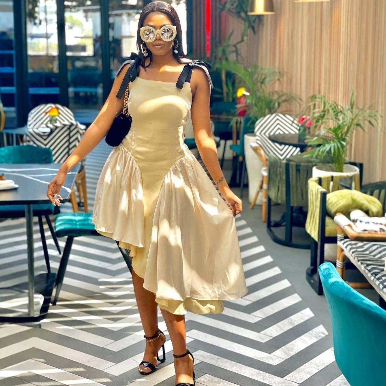 European and American style new women s clothing bow straps slim dress femininity elegant African irregular long skirt S жёлтый
