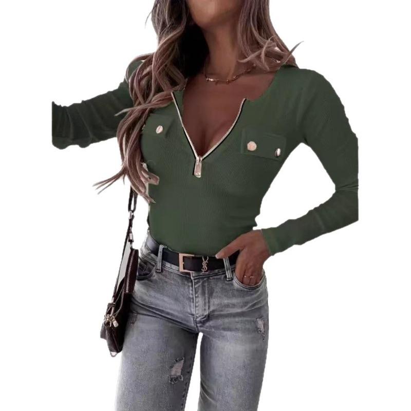 Fashion Knitted Long Sleeve Zipper T-shirt Slim Fit Solid Color Blouse Simple Elegant Spring Summer Casual Simple Tops Basic Shirts