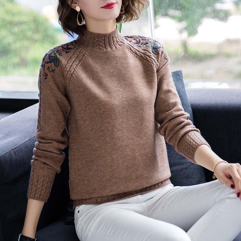 Women's Half High Neck Sweater Autumn and Winter Loose Embroidered Pullover Knitted Sweater