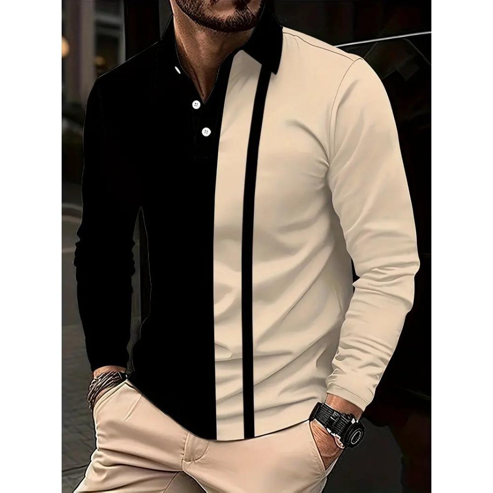 Fashion Men's Sweatshirt Long Sleeve Lapel Top Button Down Striped Polo Shirt