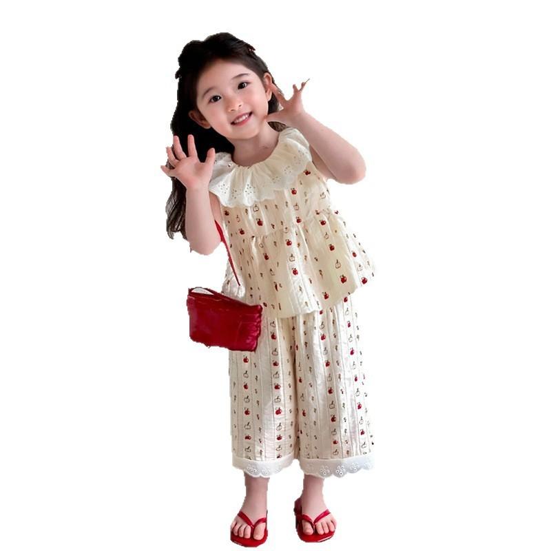 Girl Summer Sleeveless Outfit Set With Lace Trim For Ages 3 To 8