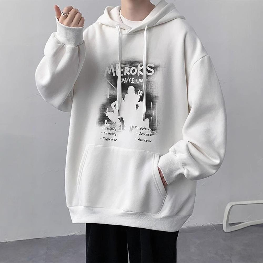 Printed Autumn and Winter Fleece Thickened Hooded Sweater Mens American Relaxed Fit Everyday Student Jacket