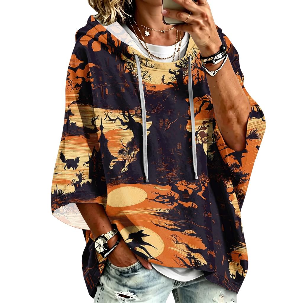 Women's Fashionable Three-Quarter-Sleeve Halloween-Printed Hooded Pullover