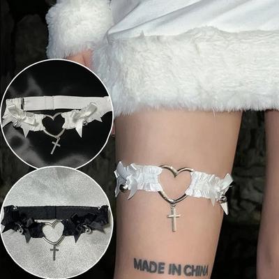 1PC Sexy Lace Bow Garter Punk Hollow Heart Cross Choker Leg Ring Strap Women Elastic Garters Gothic Bondage Lingerie Cosplay Props