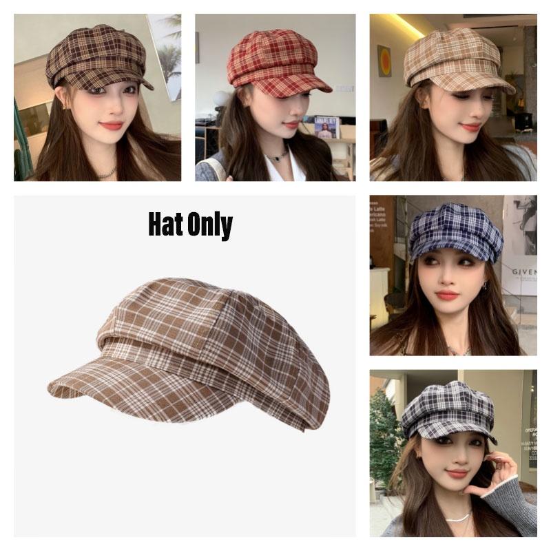 Vintage karierter achteckiger Hut für Damen Herbstmode Trendiges Barett Vielseitige lässige Schirmmütze