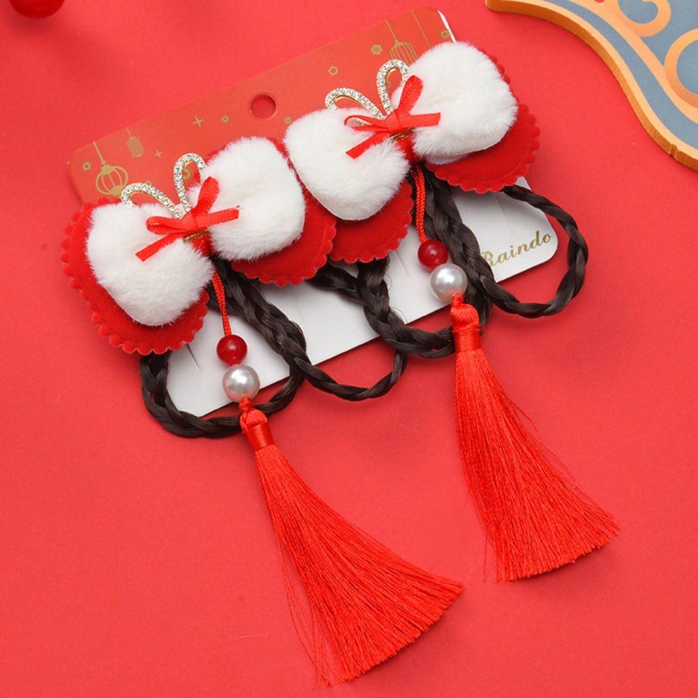 2pcs Tassel Wig Braid Hairpin Hanfu Headdress Children Hair Clip Hair Accessories Red Bow Hairpin