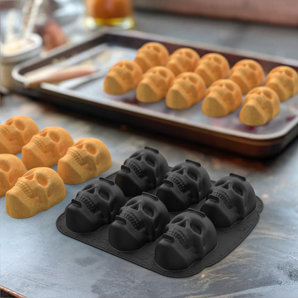 Halloween Skull Cake Pan Silicone Mold, 6 Cavities Pirate Skull 3D Silicone Mold Baking Pan,Black Easy To Use