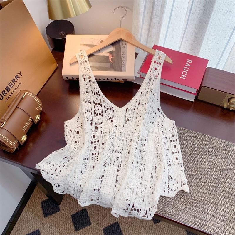 Literary and Artistic Solid Color Three-dimensional Hook-up Embroidered Lace Small Vest Large Size Women's Sleeveless Round Neck Casual Outer