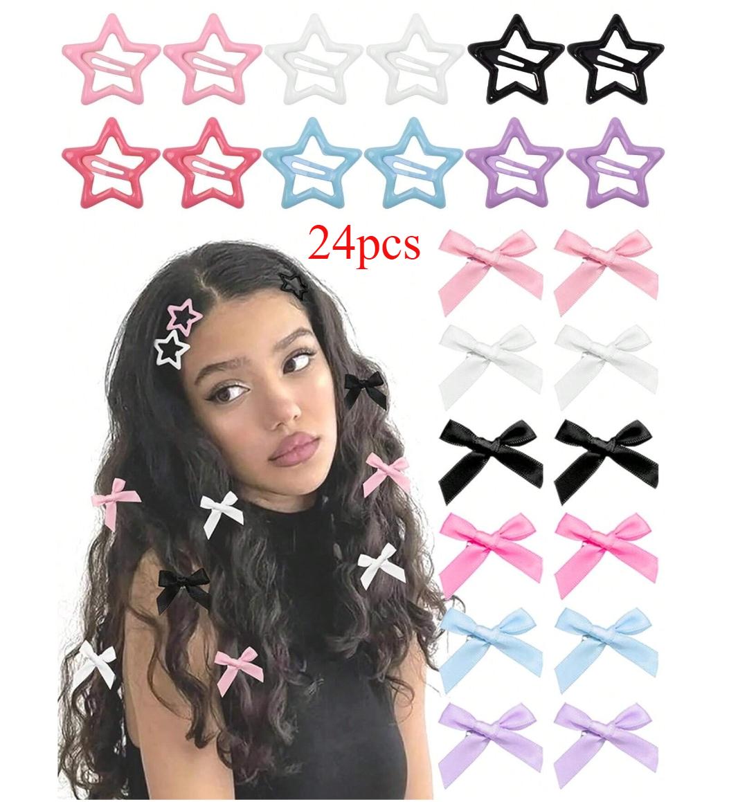 

24 шт./набор Y2K 3 цвета Звезда Металлические заколки для волос Лента Мини заколки-бантики для волос для женщин Девушек Милые заколки-бантики Аксессуары для волос