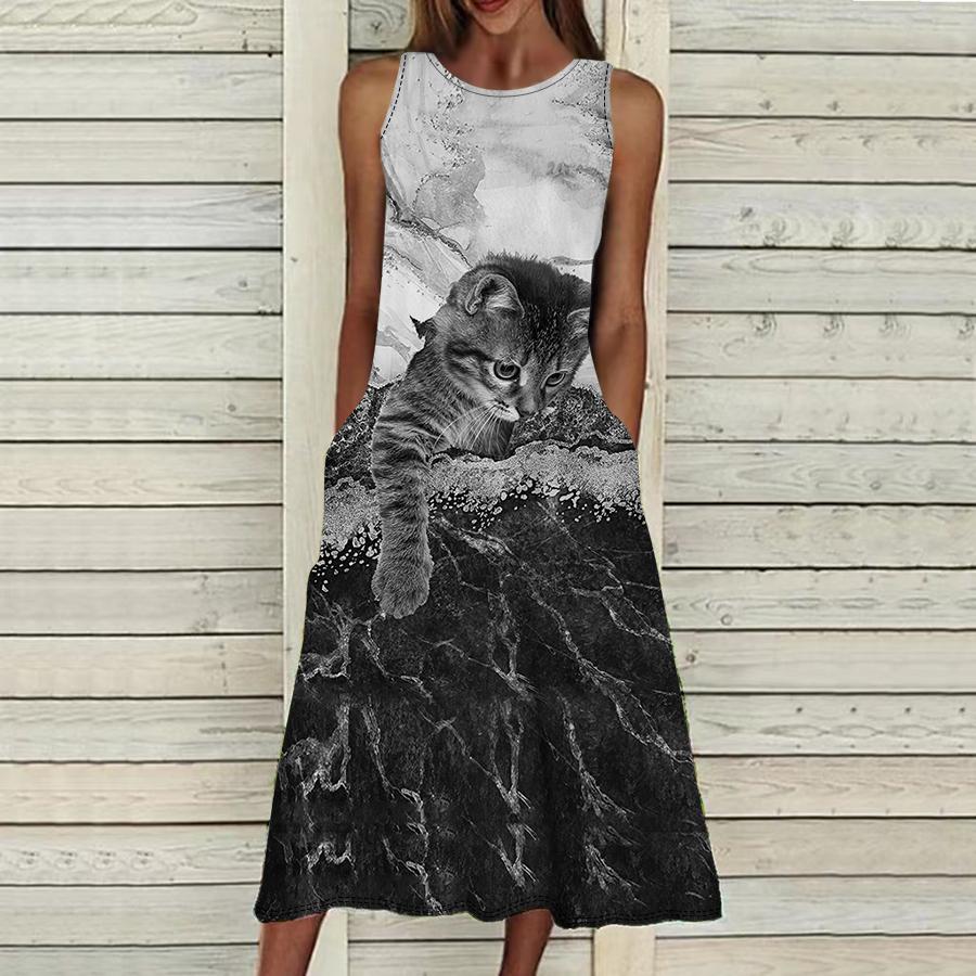 

Летнее модное сексуальное платье без рукавов, мягкое повседневное платье с 3D принтом озорного кота, платье на бретельках без рукавов, летнее платье на подтяжках 2XL серый