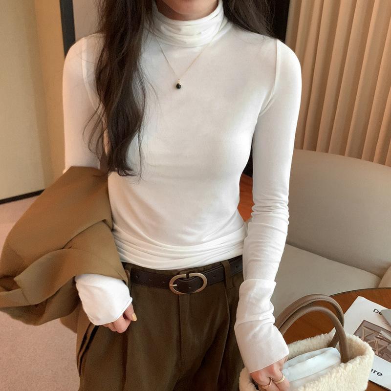 Korean Style High Collar Slim Long Sleeve T-shirt for Women Autumn and Winter New Ins Pile Collar Right Shoulder Slim Inner Layering Shirt