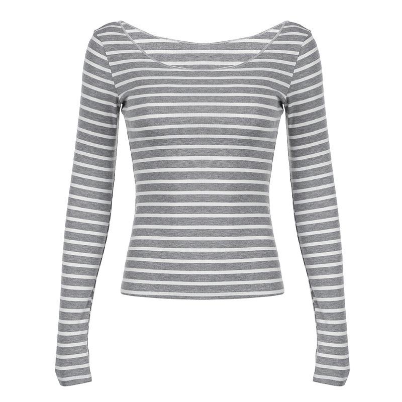 One-word Neck Striped Light and Slim-fit Long-sleeved Spice Girl Sexy Off-the-shoulder Simple Versatile and Thin Relaxed Top