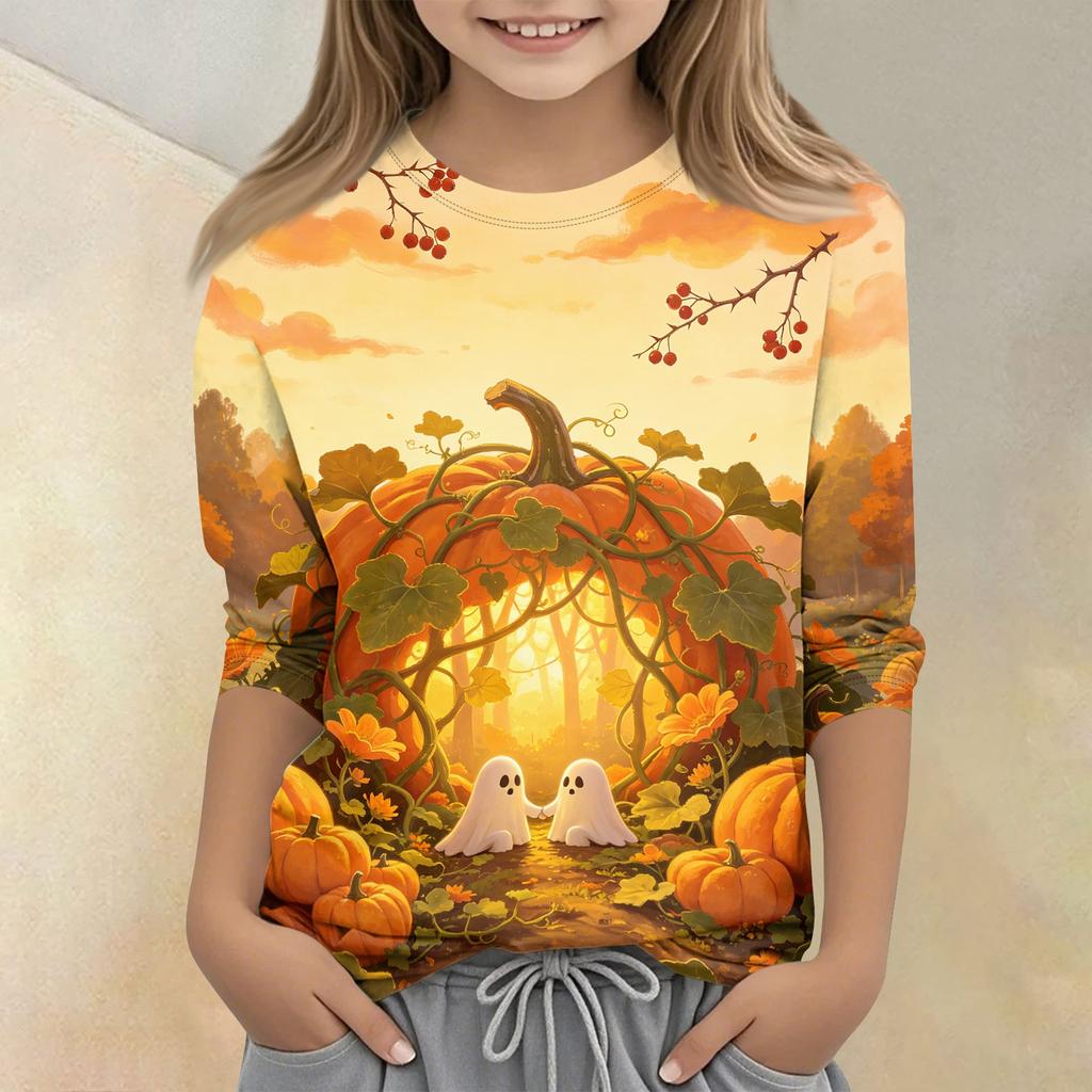 Kids Halloween Printed Crew Neck 3/4 Sleeve Casual T Shirt Top for Boys and Girls Comfortable Fit Lightweight Fabric