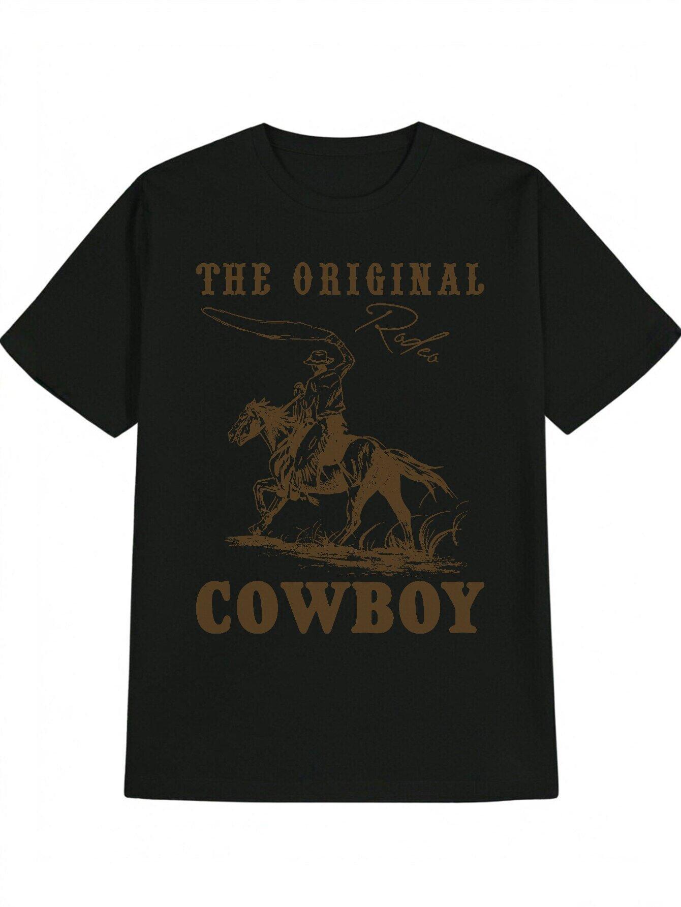 Casual Round Neck T-shirt | Black Polyester | Cowboy Print with Eagle & Horse Graphic | Breathable L