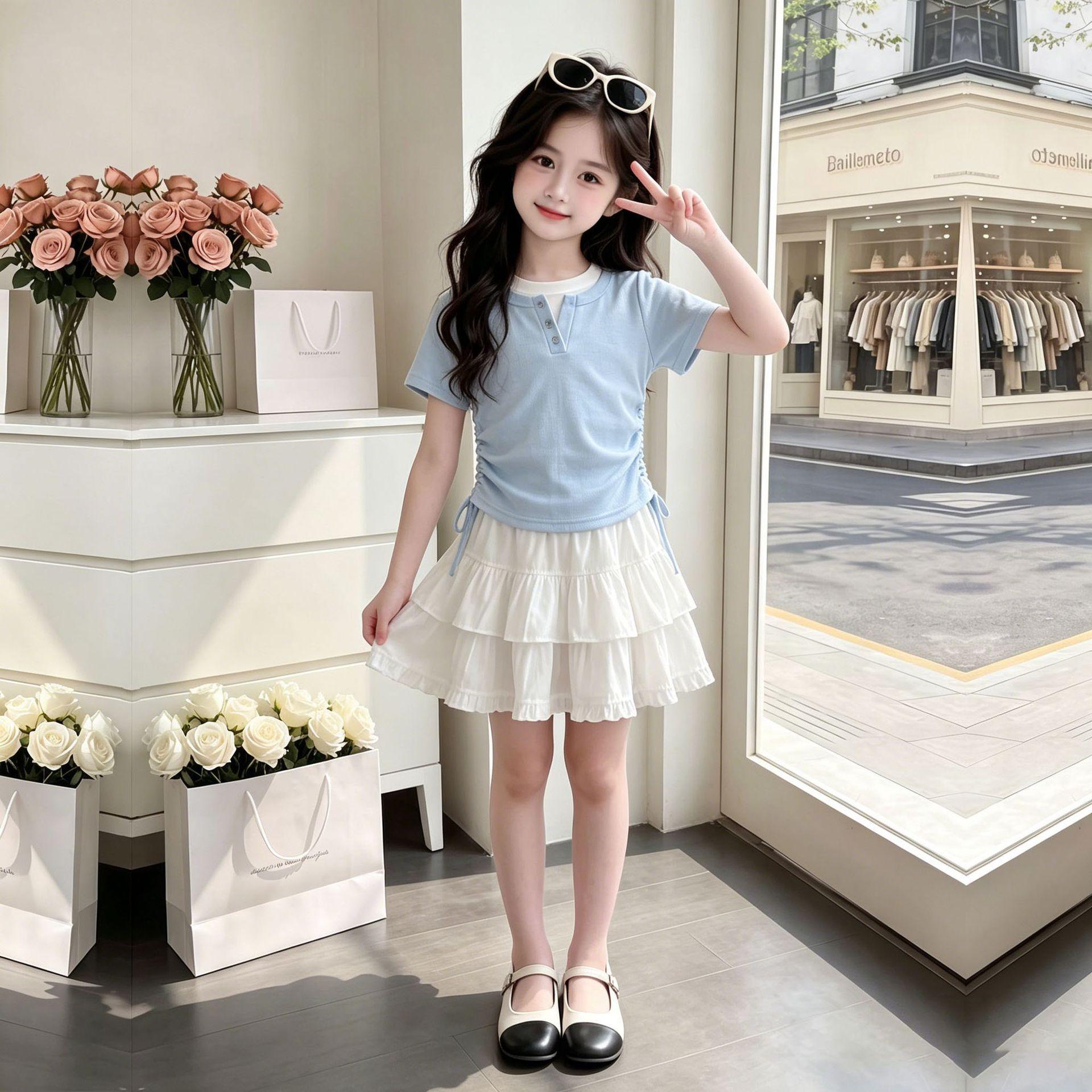 Girls Summer Short Sleeve T Shirt with Ruffled Tiered Dress Sweet and Fresh Two Piece Set 120