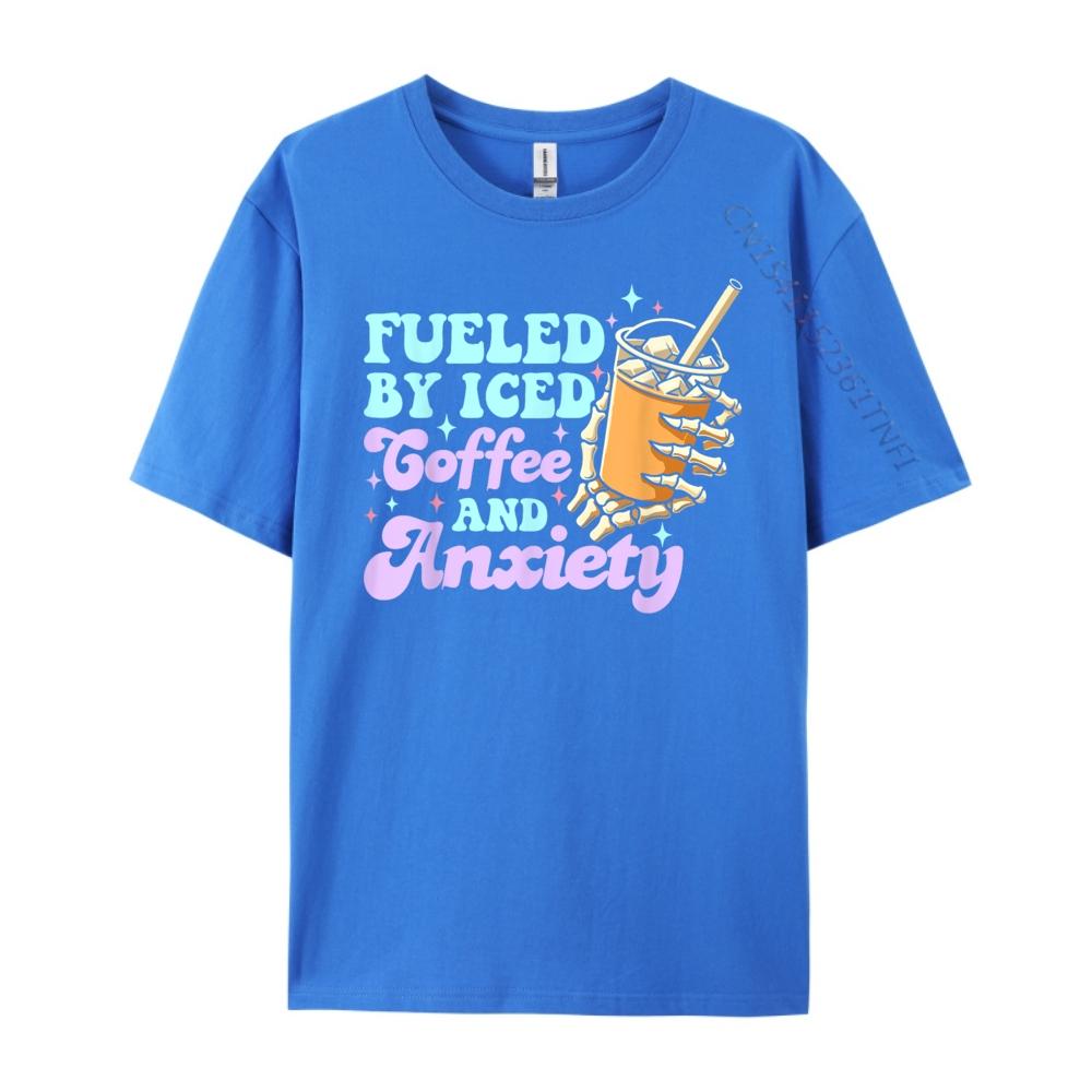 Fueled By Iced Coffee And Anxiety Coffee Lover Mens Designer T Shirt Male High Quality T Shirt for Men Printed