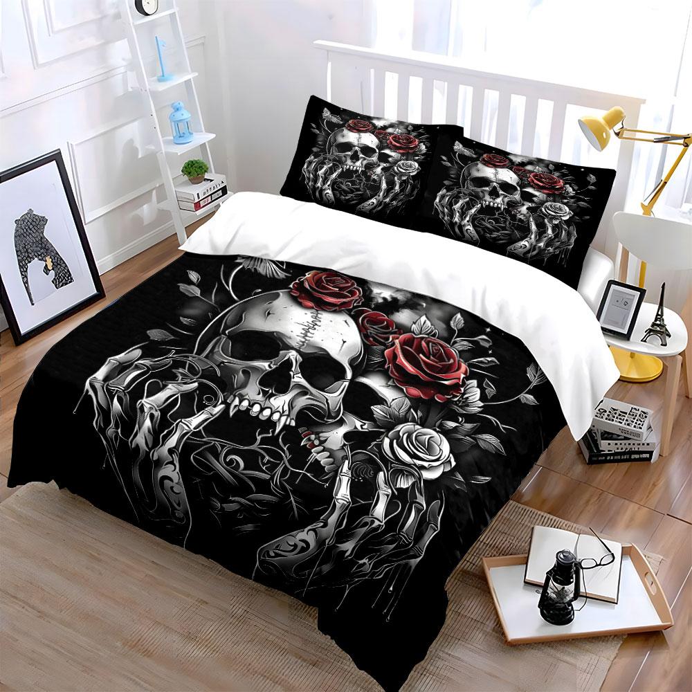 "Skulls with Roses Tattoo Art" Bedding Duvet Cover Set (1*Duvet Cover 2*Pillowcases, Without Duvet Insert)