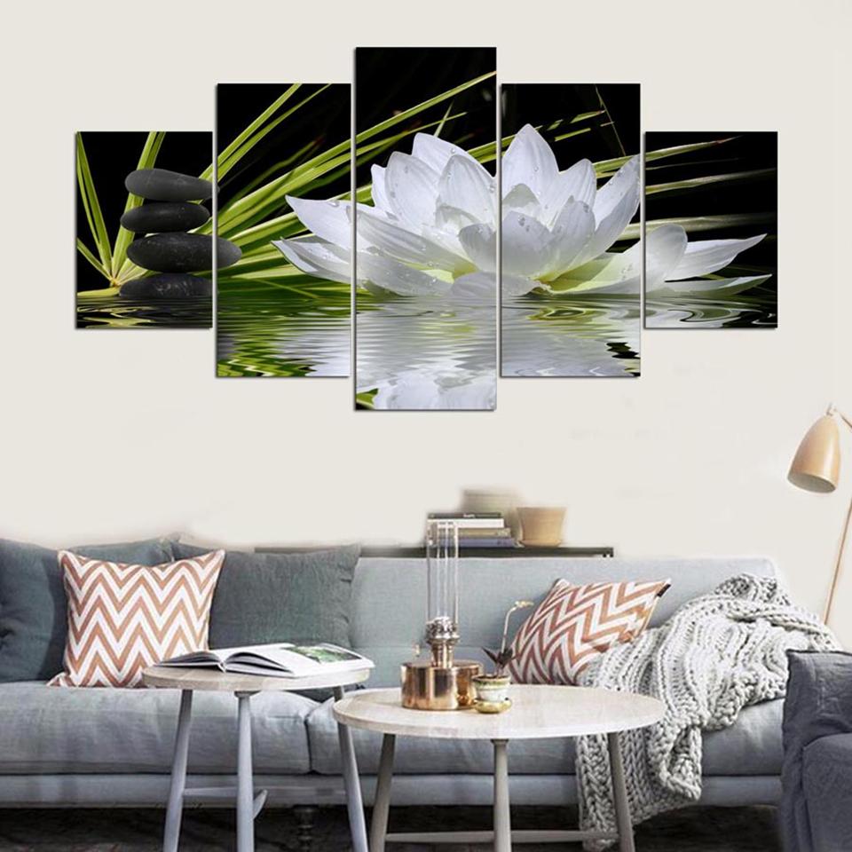 Modern Home Wall Art Canvas Paintings Decoration Modular Pictures 5 Pieces White Lotus Flower Water Cobblestone HD Printed