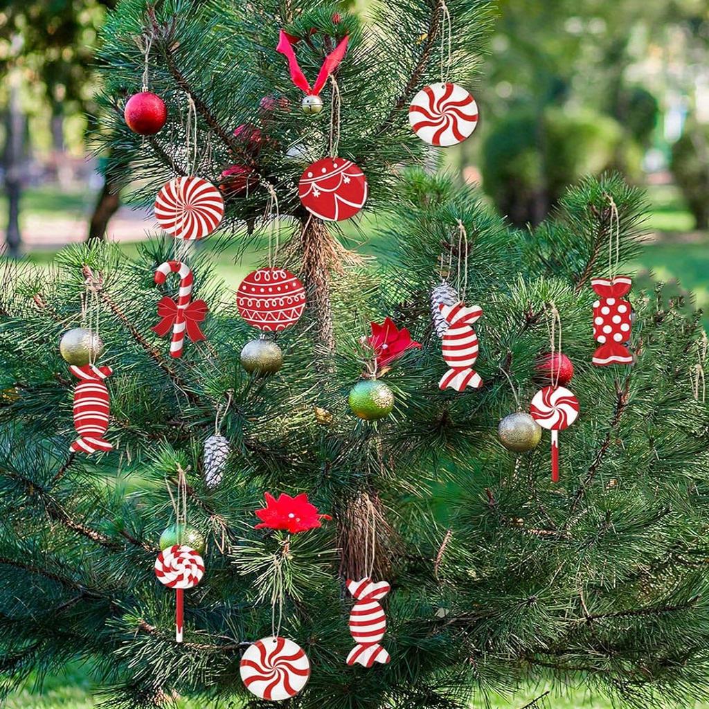 20pcs Christmas Red Candy Wooden Set Gift Decoration Pendant Christmas Tree Fireplace Window Pendant Christmas Party Supplies