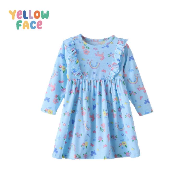 Unicorn Princess Dress: Stylish Long-Sleeve Round Neck for Girls Aged 3-8, Perfect for Spring and Autumn.