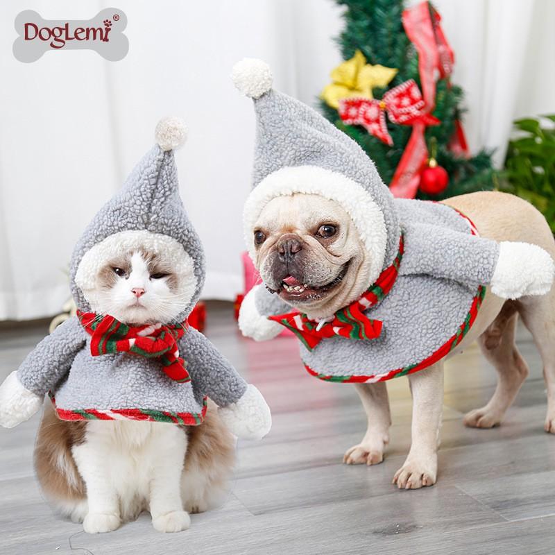 Pet Christmas Costume Set Dogs Cats - Gray Snowman Outfit With Pom Winter Holiday Apparel
