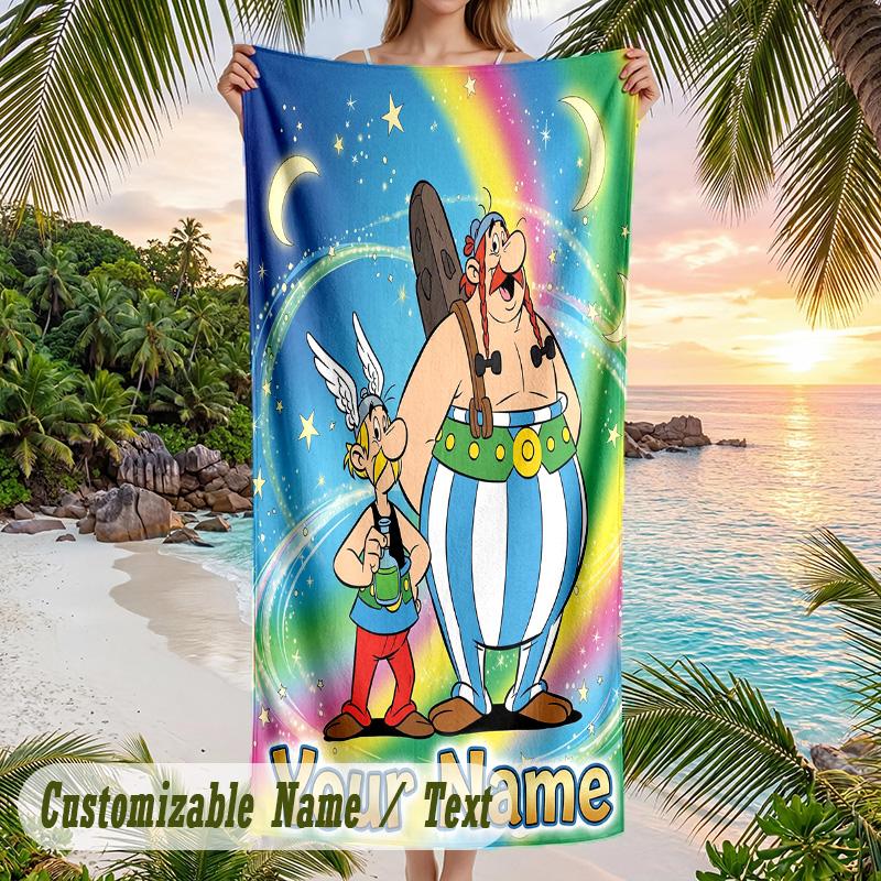 Asciugamano da Spiaggia Asterix & Obelix, Testo Personalizzato su Misura, Asciugatura Rapida Morbido Grande Asciugamano per Piscina Viaggio