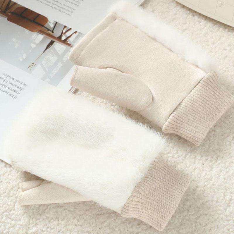 Imitation of Fox Fur Soft Women Winter Suede Cute Lovely Sweety Keyboard Works Keep Warm Half Finger Gloves Thickened