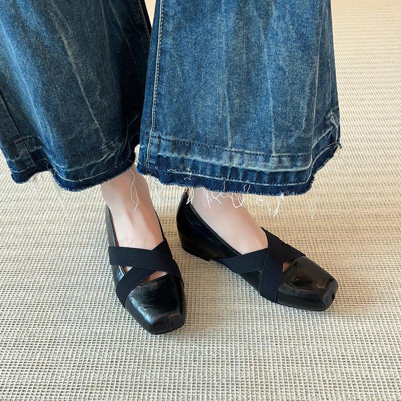 Sheepskin Version~ Cross-strap One-pedal Pig Nose Ballet Shoes Women's Retro Square Head Shallow Mouth Flat Bottom Mary Jane Single Shoes