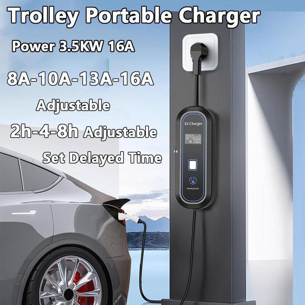 3.5KW 16A Portable EV Charger, Electric Vehicle Charger, Fast Charging Home Station Wallbox, LED Display, Adjustable Current, 5m Cable