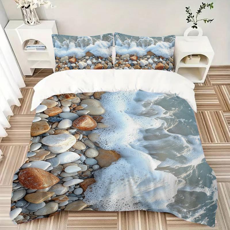 3Pcs Beach Pebbles Sea Foam Bedding Set Quilt Cover Pillowcase Home Christmas Xmas Halloween Gift 1 Duvet Cover 2 Pillowcase M928586